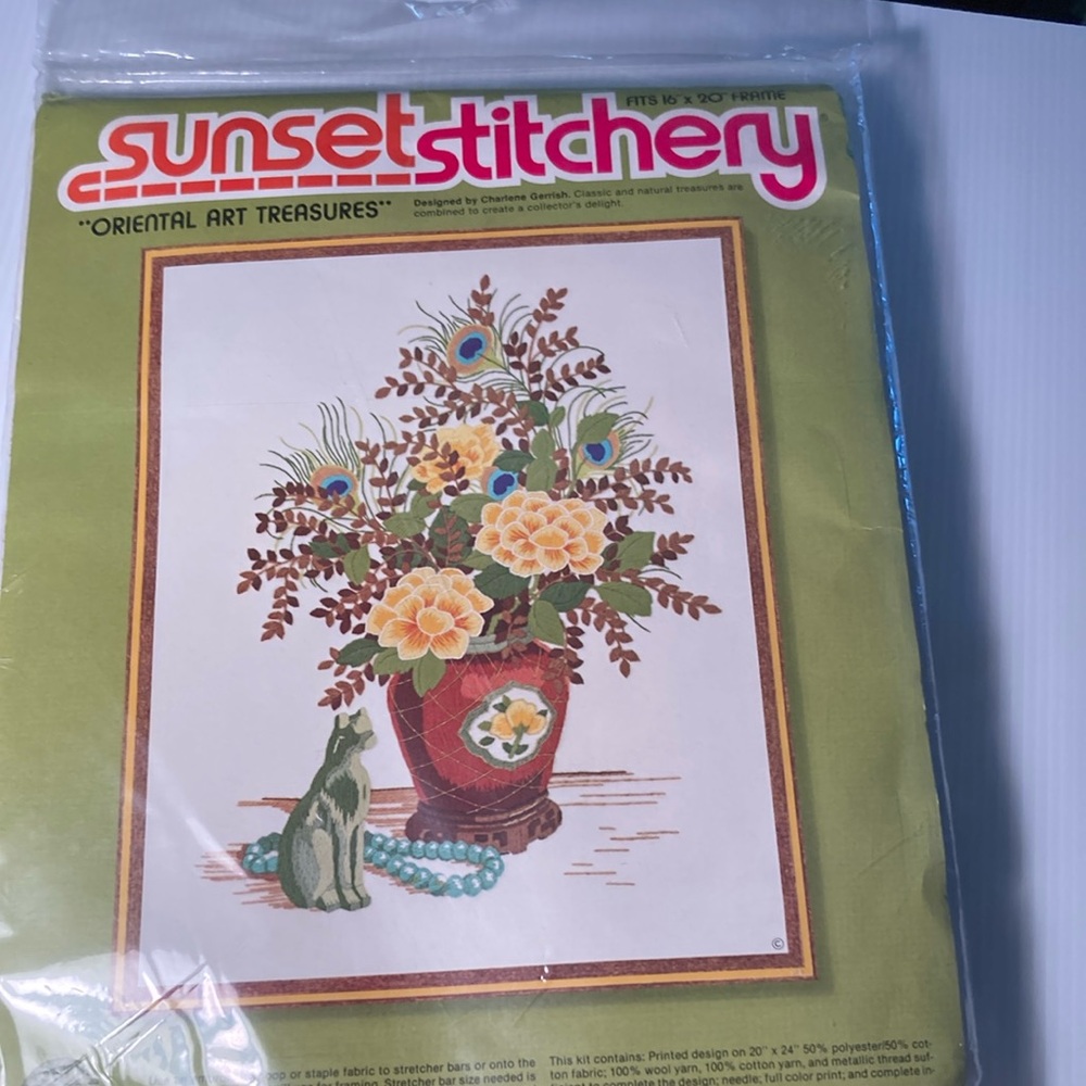 Vintage 1978 sunset stitchery kit. “Oriental art treasures” 16 x‎ 20